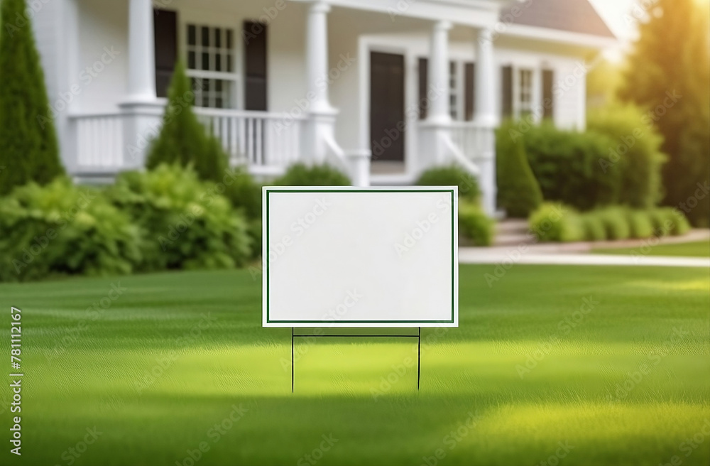 Fototapeta premium Blank yard sign in green grass on the white house background. Yard sign mockup 
