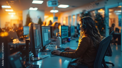 Customer service representative attentively working at a bustling call center during the evening shift.
