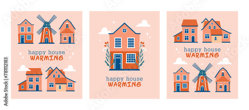 Happy House Warming. Big set of village buildings, houses, windmill. Moving to new home concept. Cute vector buildings in hand drawn flat style. Invitation, card, banner with short phrase, text.