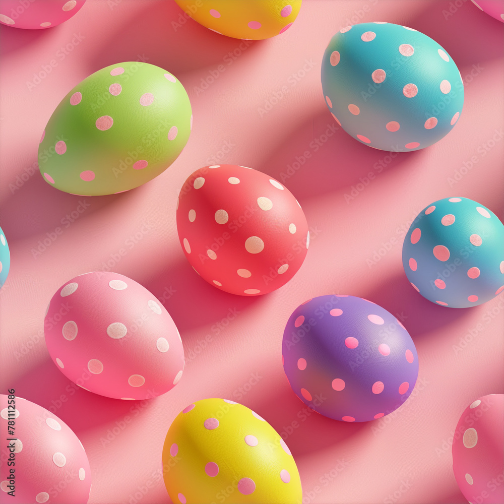 Seamless Easter pattern with colorful polka dot easter eggs on a pink background. Minimal Easter concept
