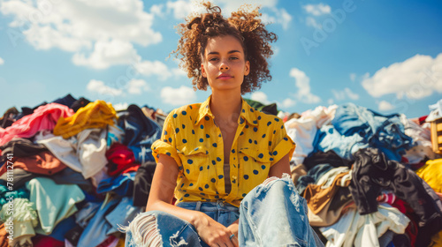 Young beautiful woman fashion victim sits on a heap of her clothes. Shopaholic. Ecological and sustainable fashion, reduce waste concept. conscious, reasonable clothing consumption. photo