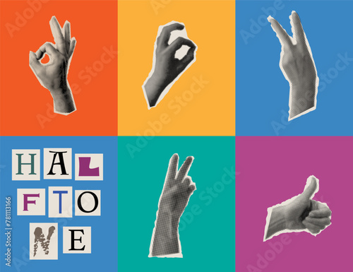 Trendy vintage collection of hands gesture signs.