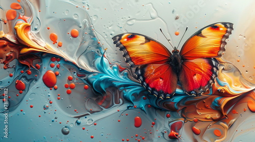 Butterfly Alighting on a Vibrant Painting,  backdrop of abstract paint stains, photo
