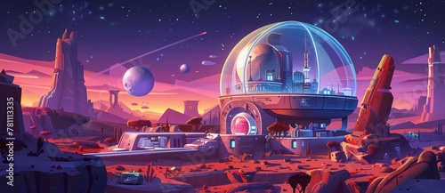 Futuristic space colony on an alien planet, with a biodome cityscape and rocky terrain. Vividly illustrated in rich purples and oranges, this image suggests a thriving extraterrestrial settlement photo