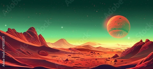 Stylized Martian landscape with an oversized planet. This cartoon illustration captures a red desert with rocky terrain against a starry space backdrop, perfect for game or science fiction themes.
