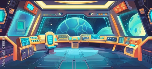 Futuristic spaceship command center with panoramic windows. Cartoon-styled illustration featuring a high-tech control room interior, designed for space exploration games or sci-fi