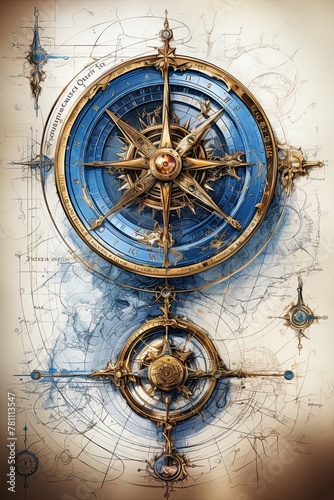 Nautcal compass blueprint  sketch   technical drawing. Exploration and sailing concept. Poster design. Ai Generative