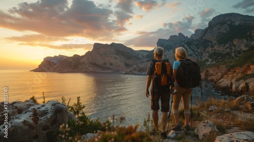 Elderly couple backpacking by seaside mountain at sunset  outdoor summer travel adventure