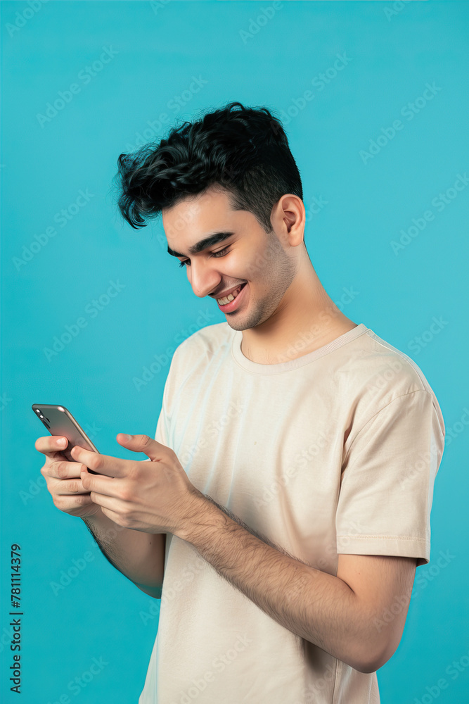 A man on a blue background in a white T-shirt smiles and looks at the phone
A man on a blue background in a white T-shirt smiles and looks at the phone