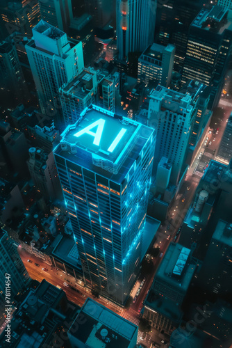 Glowing AI text projected on a skyscraper in a city, how AI helps a business