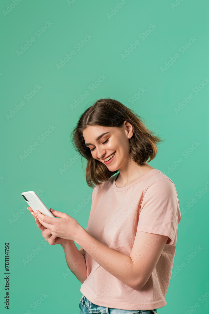 Woman on mint background looking at phone and smiling
Woman on mint background looking at phone and smiling