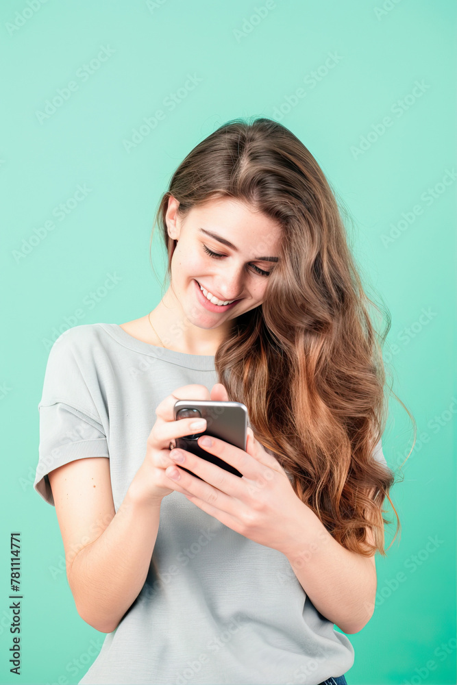 Woman on mint background looking at phone and smiling
Woman on mint background looking at phone and smiling