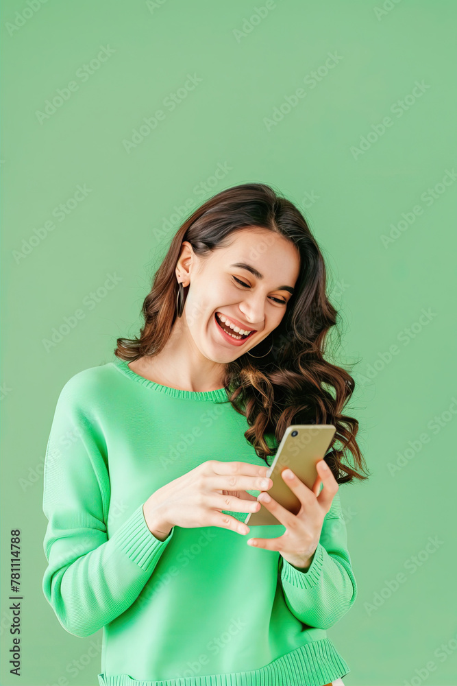Woman on mint background looking at phone and smiling
Woman on mint background looking at phone and smiling