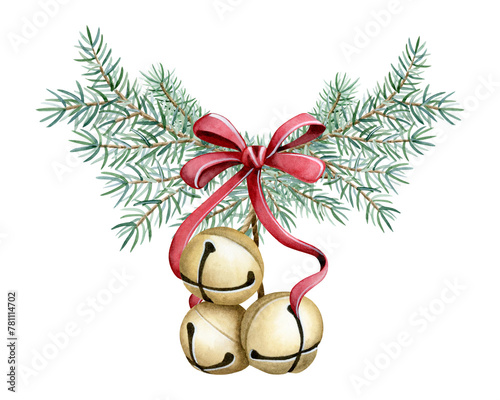 Gold jingle bells with Christmas tree branches and red bow watercolor Illustration banner template for winter holiday greeting cards. New year clipart isolated on white background