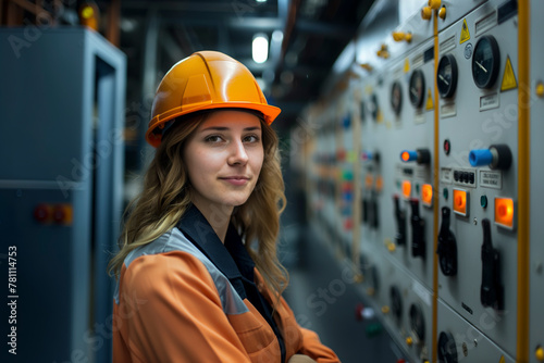 A confident young woman wearing a hard hat and work coveralls stands in front of an industrial control panel with various switches and indicators.