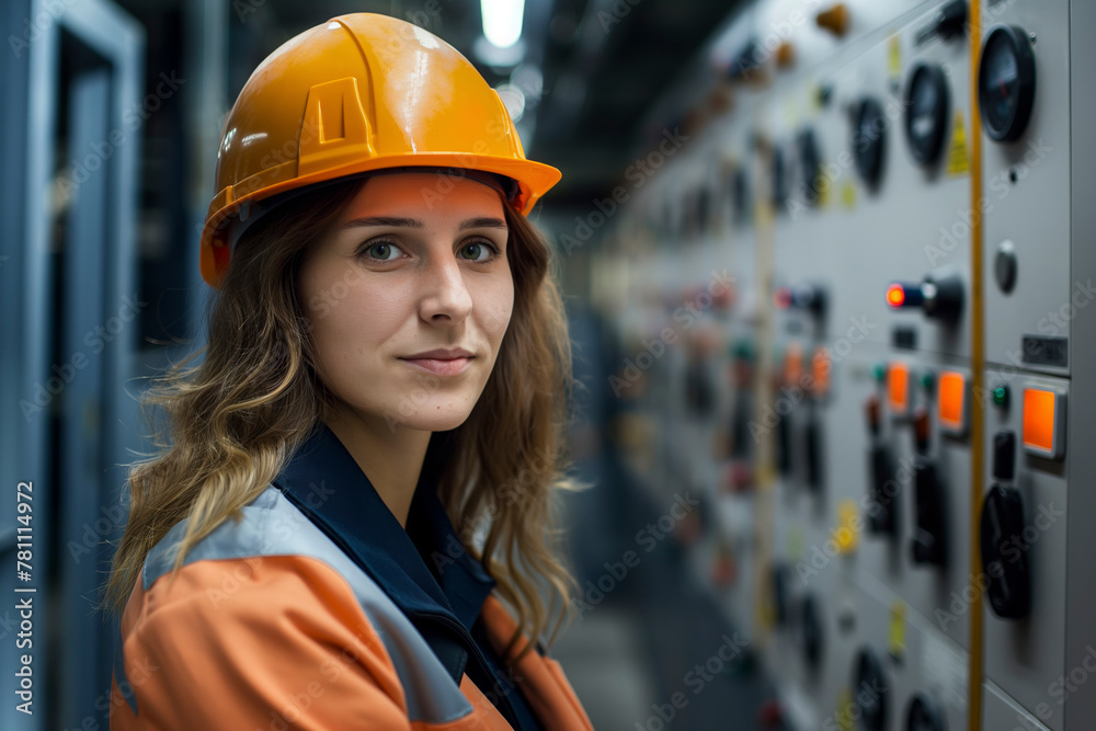 A confident woman wearing a hard hat and safety vest stands in front of an industrial control panel with gauges and switches. A confident woman wearing a hard hat and safety vest stands in front of an industrial control panel with gauges and switches.