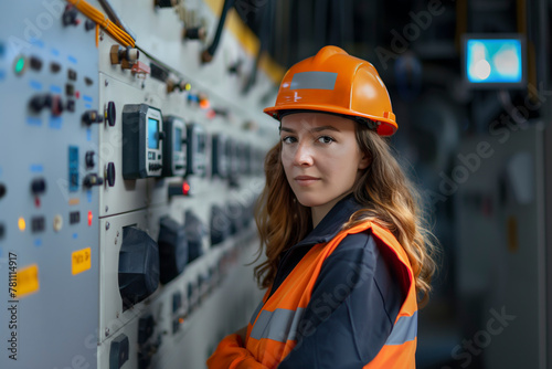 A female engineer wearing an orange hard hat and reflective vest stands confidently beside an industrial control panel with gauges and switches.