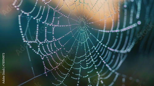 Dewdrops clinging to a spiders web in the early morning light