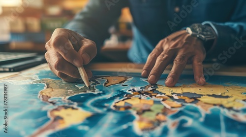 The careful hands of a logistics manager plotting routes on a global map