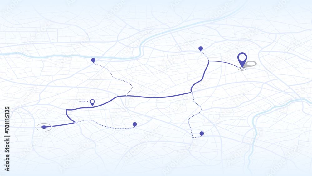 Location tracker dashboard with data of arrive time. City street road with pins on map and alternative ways. Isometric street roads and location, vector background. Huge city top view.