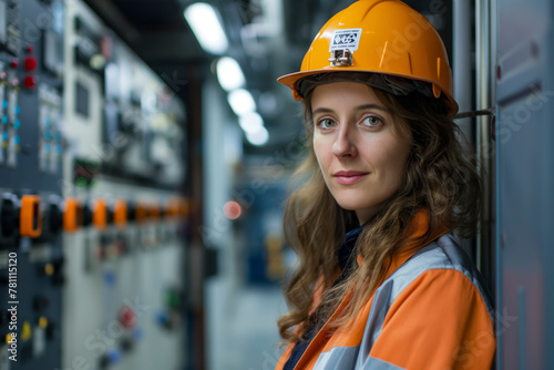 A woman in a high-visibility vest and protective helmet stands confidently inside an industrial environment with complex control panels in the background. photo