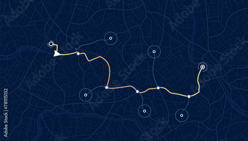 Navigation system showing a tracking navigation. Track navigation pin on street maps, navigate mapping locate position pin. Vector illustration,