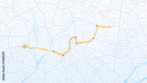 Navigation system showing tracking navigation in progress on the streets. Track navigation pin on street maps, navigate mapping locate position pin. Vector illustration