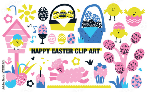 Happy Easter clip art: drawing of cupcake, Kulich cake with lit candle, baskets of eggs, chickens, sheep. Colorful Vector isolated on white. Design elements for print and greetings