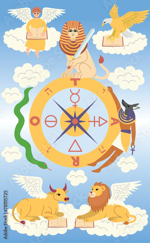 Major Arcana tarot card design. Hand drawn cartoon linear flat style. Wheel of Fortune.