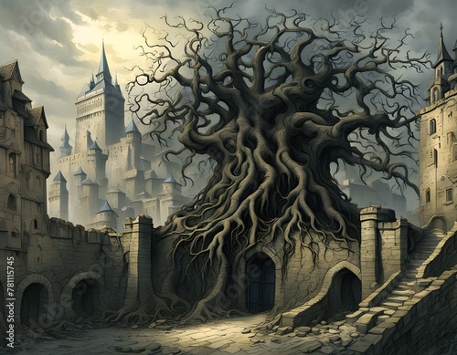 An old medieval city with a city gate on which a gnarled tree with long roots has grown.