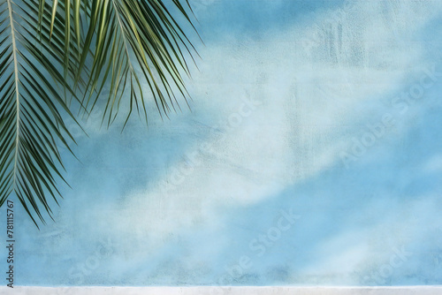Beautiful nature green palm leaf on blue color texture pattern cement wall background.Used for presentation business nature organic cosmetic products for sale shop online