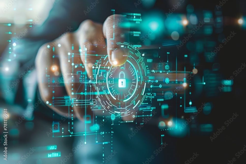 Human hand interact with an advanced cybersecurity interface showcasing a holographic lock symbol representing data protection and digital security Human hand interact with an advanced cybersecurity interface showcasing a holographic lock symbol representing data protection and digital security