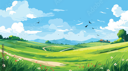 Green summer field on sunny day. Vector cartoon ill