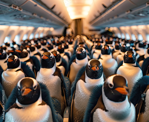 big group of lovely penguins sitting in the back of an airplane, just chilling photo