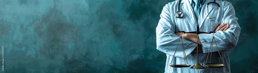 A healthcare professional in a white coat with a stethoscope stands holding a pair of traditional scales, implying medical ethics and legal issues in healthcare. - obrazy, fototapety, plakaty 