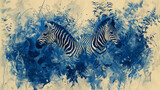 Two zebras are swimming in the ocean. The blue and white background gives the painting a serene and peaceful mood