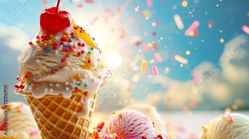 Melting ice cream cone under the summer sun, a dance of colors and sweet temptation, AI Generative.
