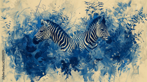 Two zebras are swimming in the ocean. The blue and white background gives the painting a serene and peaceful mood photo
