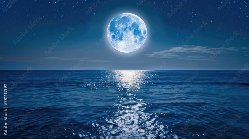 Witness the mesmerizing sight of a bright moon rising above the tranquil sea surface.