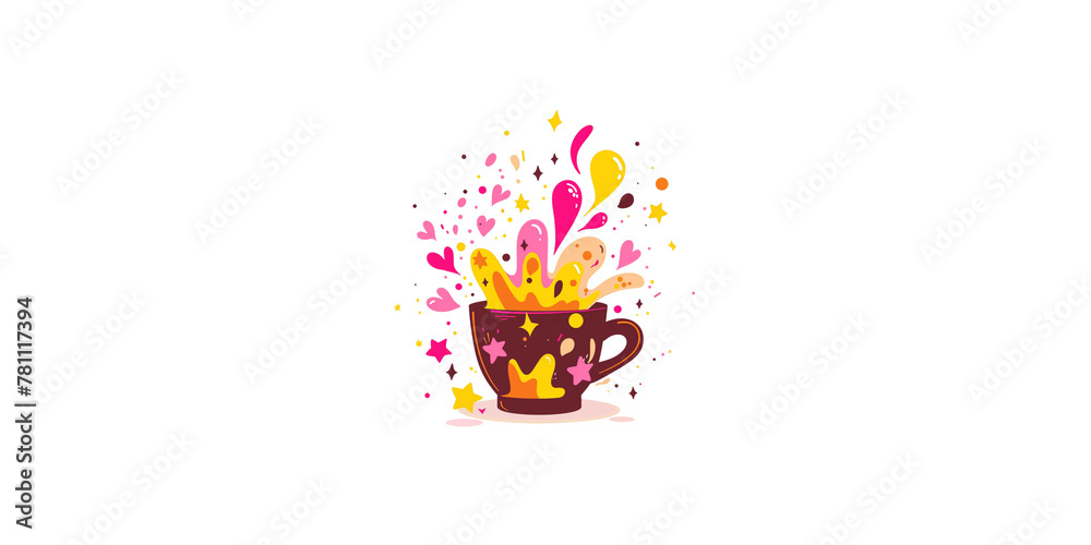 
cute cartoon coffee splash in a pink cup, in the style of a doodle, simple flat illustration, minimalist drawing with sparkles and stars on a white background
