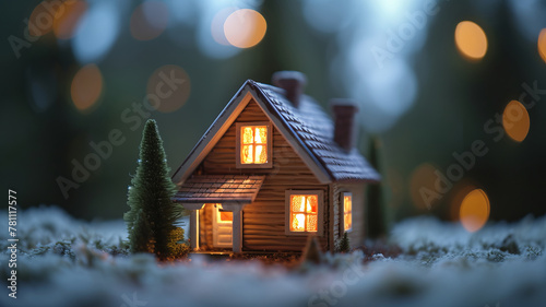 A miniature house glows amidst festive lights, a tiny beacon of home, AI Generative.