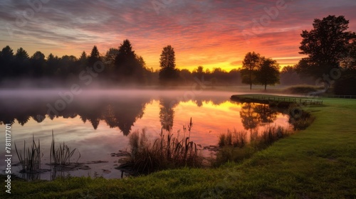 Dawn serenity over a peaceful farm pond