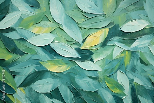 Thick impasto acrylic painting of green leaves background wallpaper invitation card nature