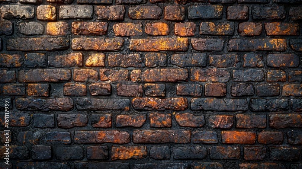 Obraz premium Dark brown brick wall with rich textures, evoking urban rawness and timelessness, AI Generative.