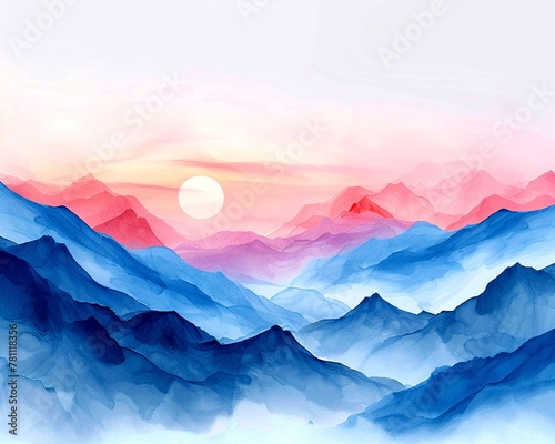 This tranquil image depicts a serene sunrise casting soft hues over a layered watercolor mountain range, evoking a sense of peace.