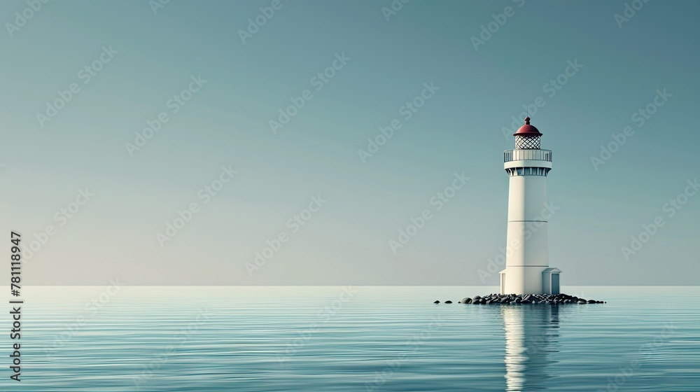 Illuminate the horizon with the timeless beacon of a lighthouse amidst a tranquil sea under a vast blue sky. Solace, safety, and maritime allure