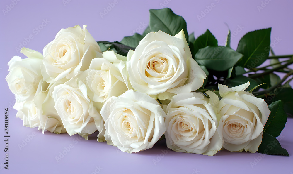 Obraz premium white roses with empty space for text lavender background, Generative AI