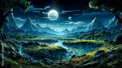 Tranquil Fantasy World with Dual Moons Over Serene River Landscape at Night