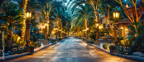 Alicante Promenade at Night, Illuminated Path with Palm Trees, Warm Evening Ambiance in a Spanish City, Urban Exploration