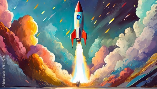 cartoon blast off colorful and playful rocket launch illustration embarking on an adventure photo